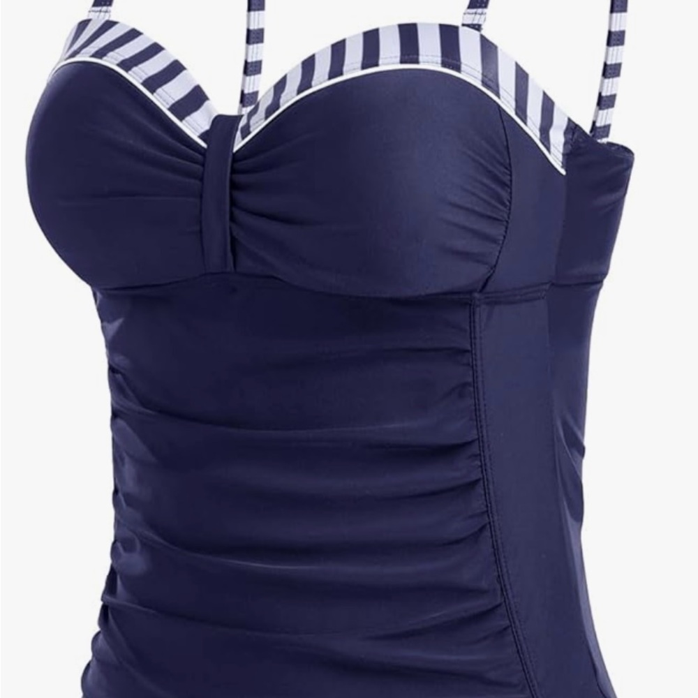 #356 Talisea Navy Blue 2 Piece Classy Striped Women's Swimsuit - Picture 4 of 10